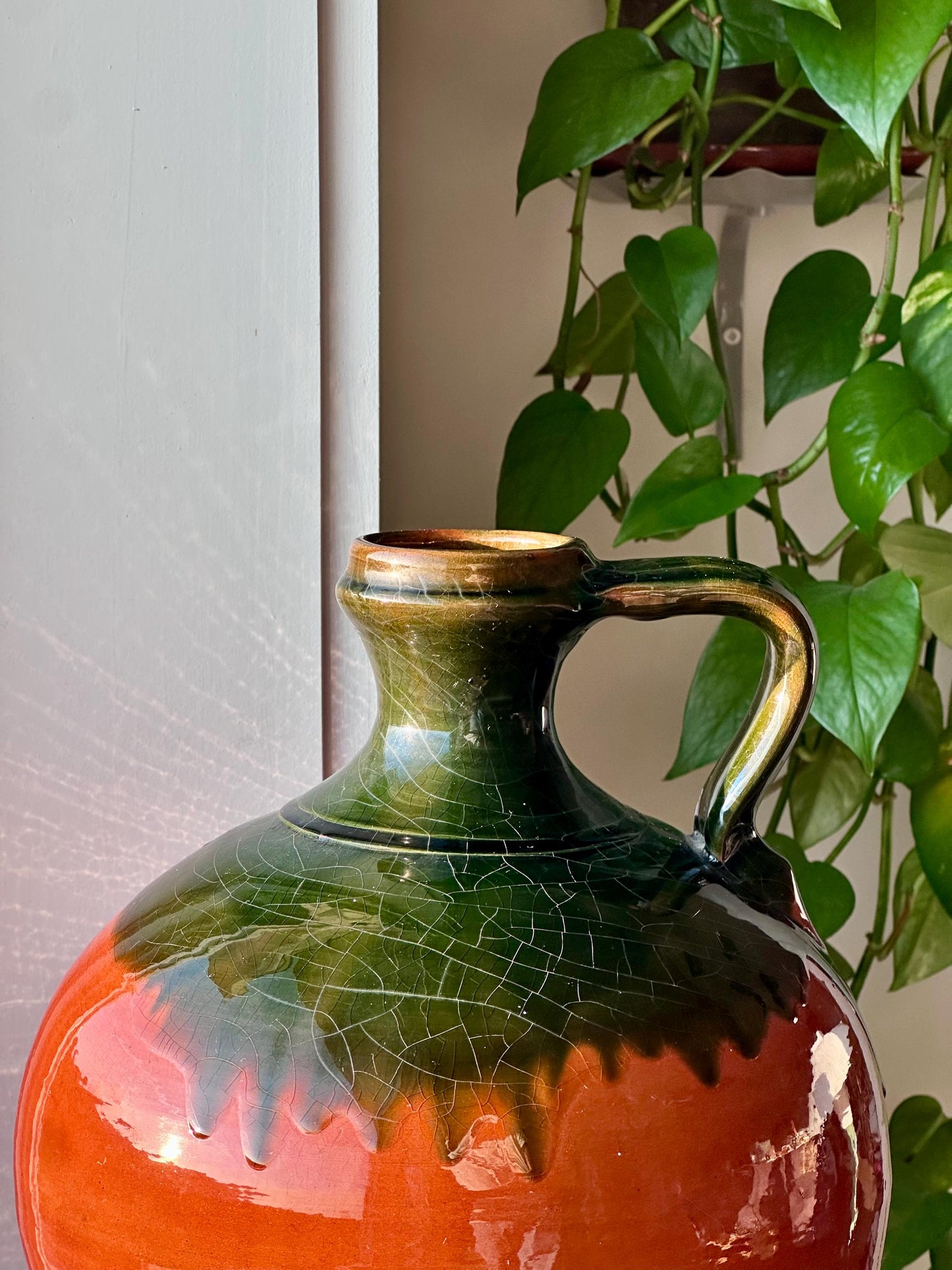 Large Vintage Redware Pitcher – Drip Glaze Handle Jug