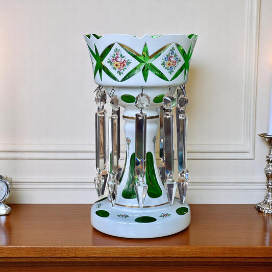 Vintage Czech Bohemian White Cut To Green Glass Mantle Luster with Enameled Flowers and Prisms