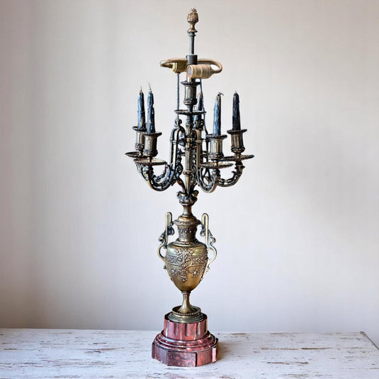 Antique Brass Candelabra Lamp with Red Marble Base