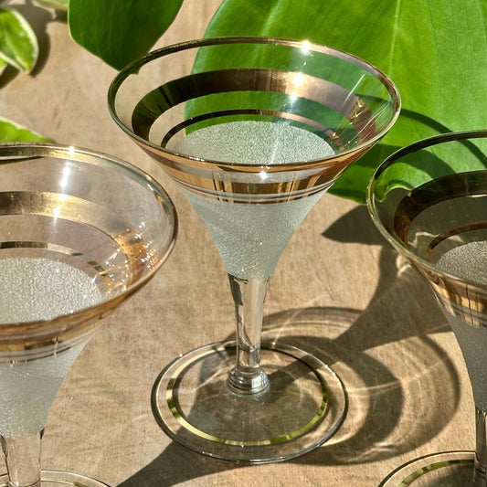 Vintage Art Deco Martini Glasses | Set of 6 | Frosted & Gold Band