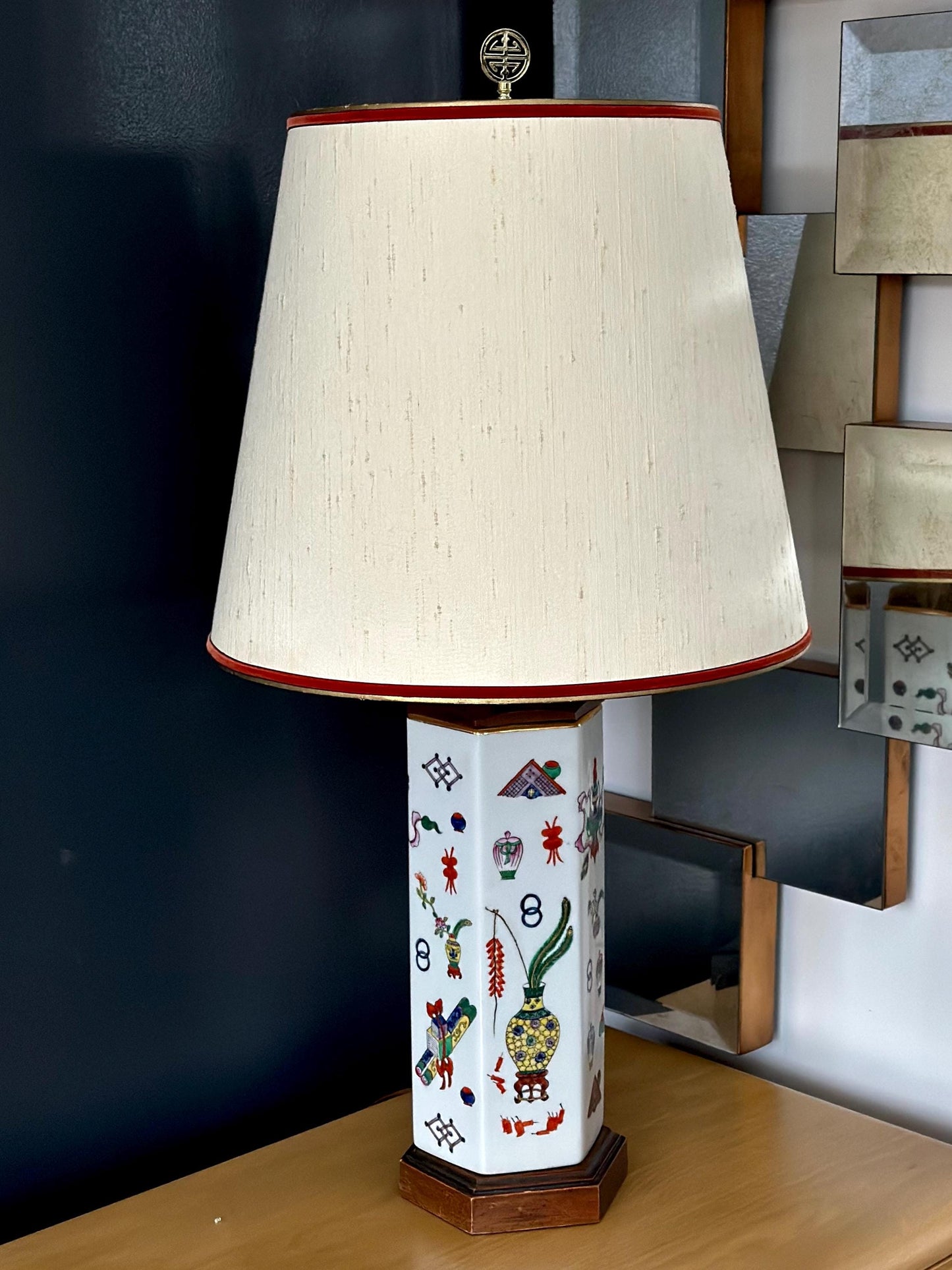 Vintage Chinese Porcelain Hexagonal Lamp with Hand-Painted Famille Rose Motifs and Wood Accents