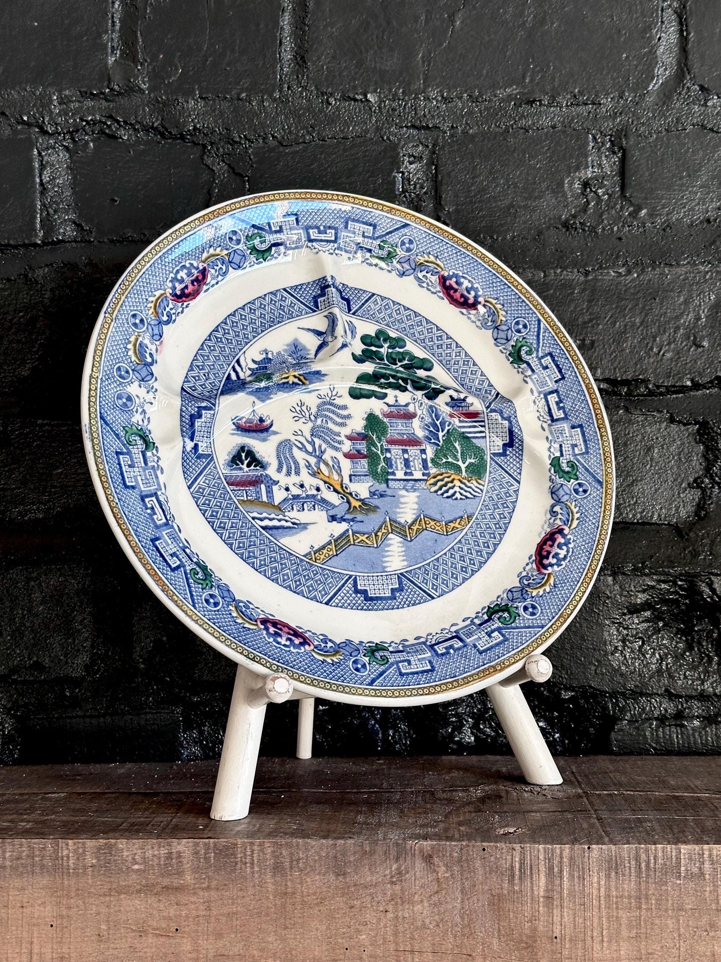 Set of 6 Antique Booths "Davenport Willow" Divided Grill Plates - English Blue Willow China | Hand-Painted with Gold Trim