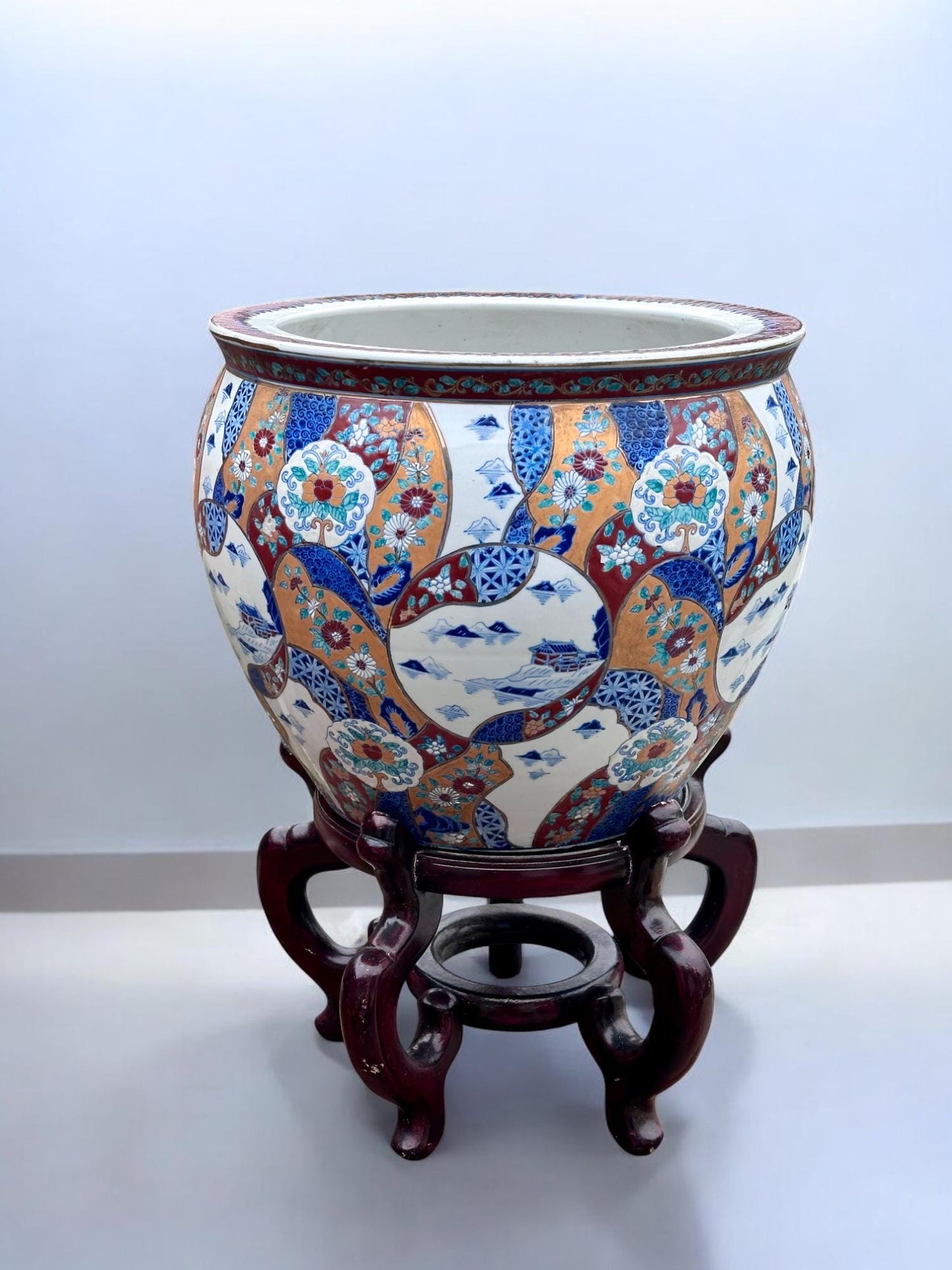 Large Vintage Imari Style Fishbowl Planter with Hand-Painted Koi & Floral Motifs – Includes Carved Wood Stand