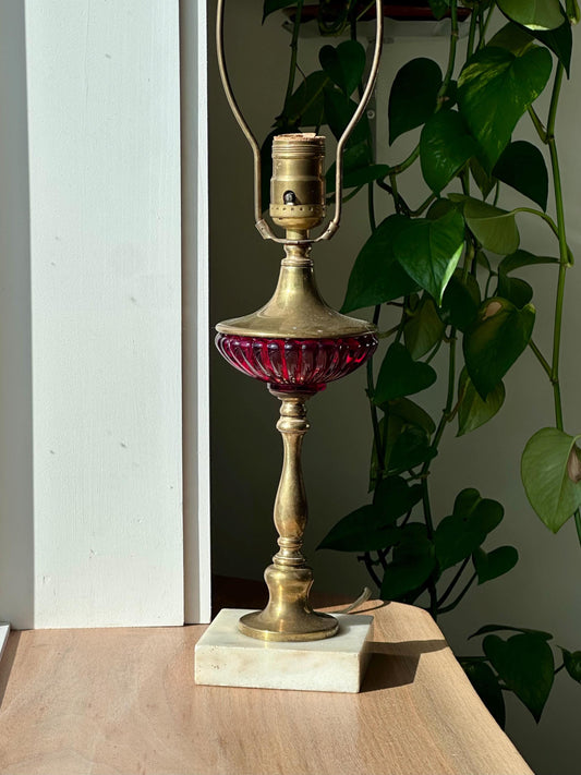 vintage brass table lamp with ruby glass accent marble base – vintage antique home decor from Mid Hudson Vintage