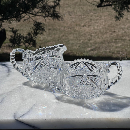 Antique American Brilliant Period Crystal Creamer & Sugar Set