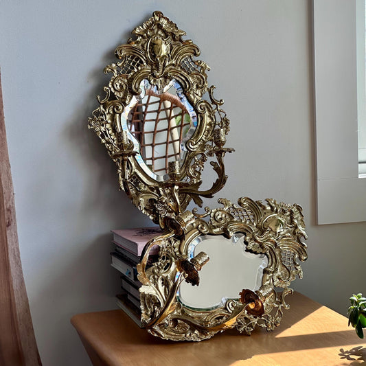 Pair of Vintage Ornate Gilded Brass Wall Sconces with Beveled Mirrors and Candle Holders – Rococo Hollywood Regency Style
