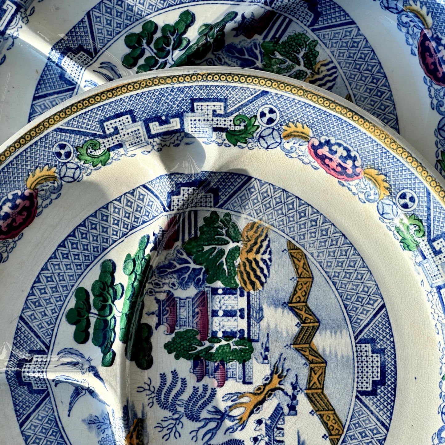 Set of 6 Antique Booths "Davenport Willow" Divided Grill Plates - English Blue Willow China | Hand-Painted with Gold Trim