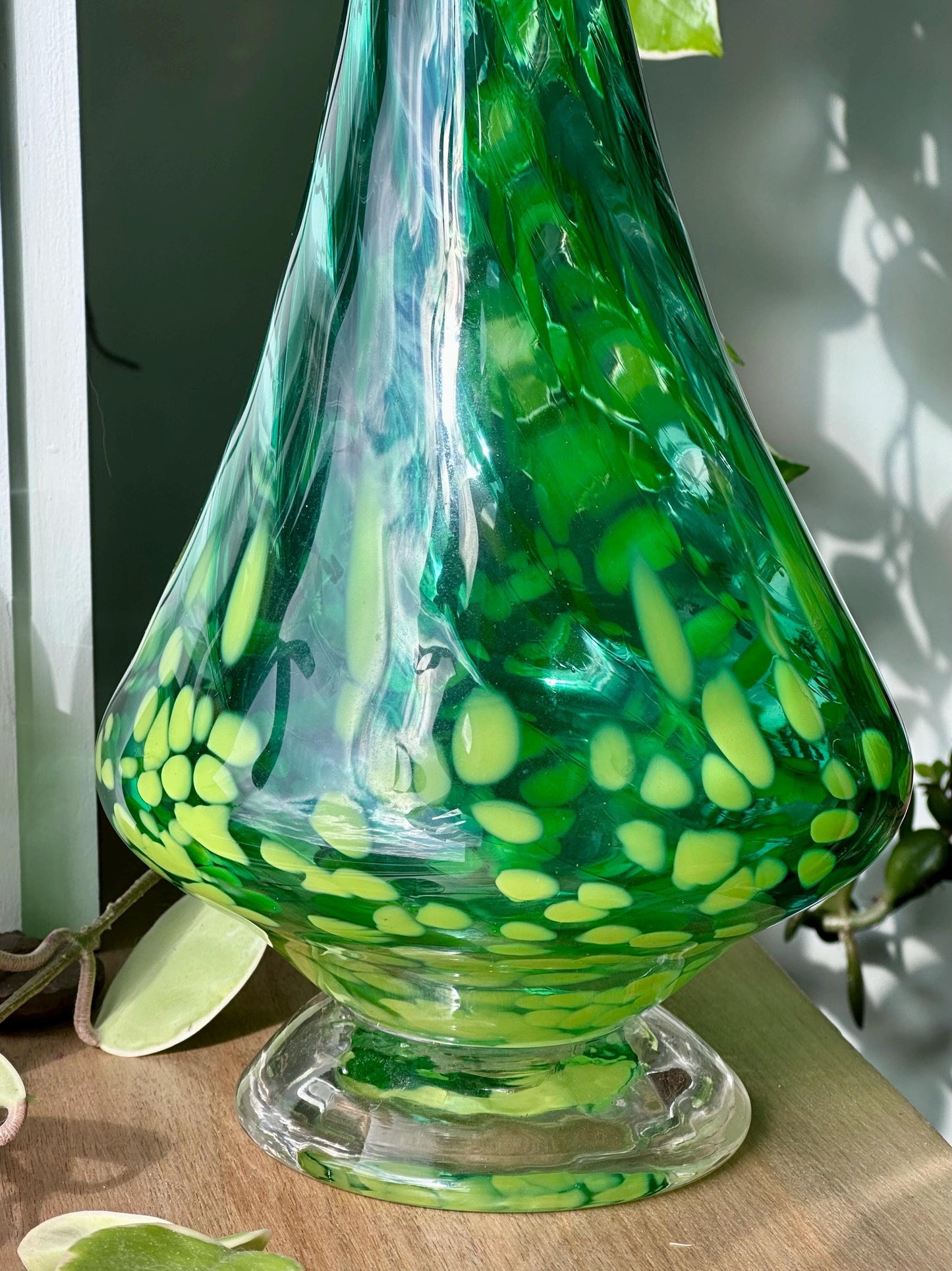 Large Vintage Hand Blown Art Glass Vase / Decanter – Emerald Green with Swirling Yellow Spots – Mid-Century Style