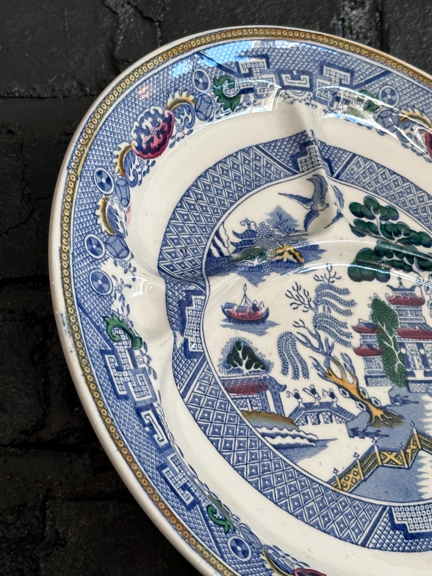 Set of 6 Antique Booths "Davenport Willow" Divided Grill Plates - English Blue Willow China | Hand-Painted with Gold Trim
