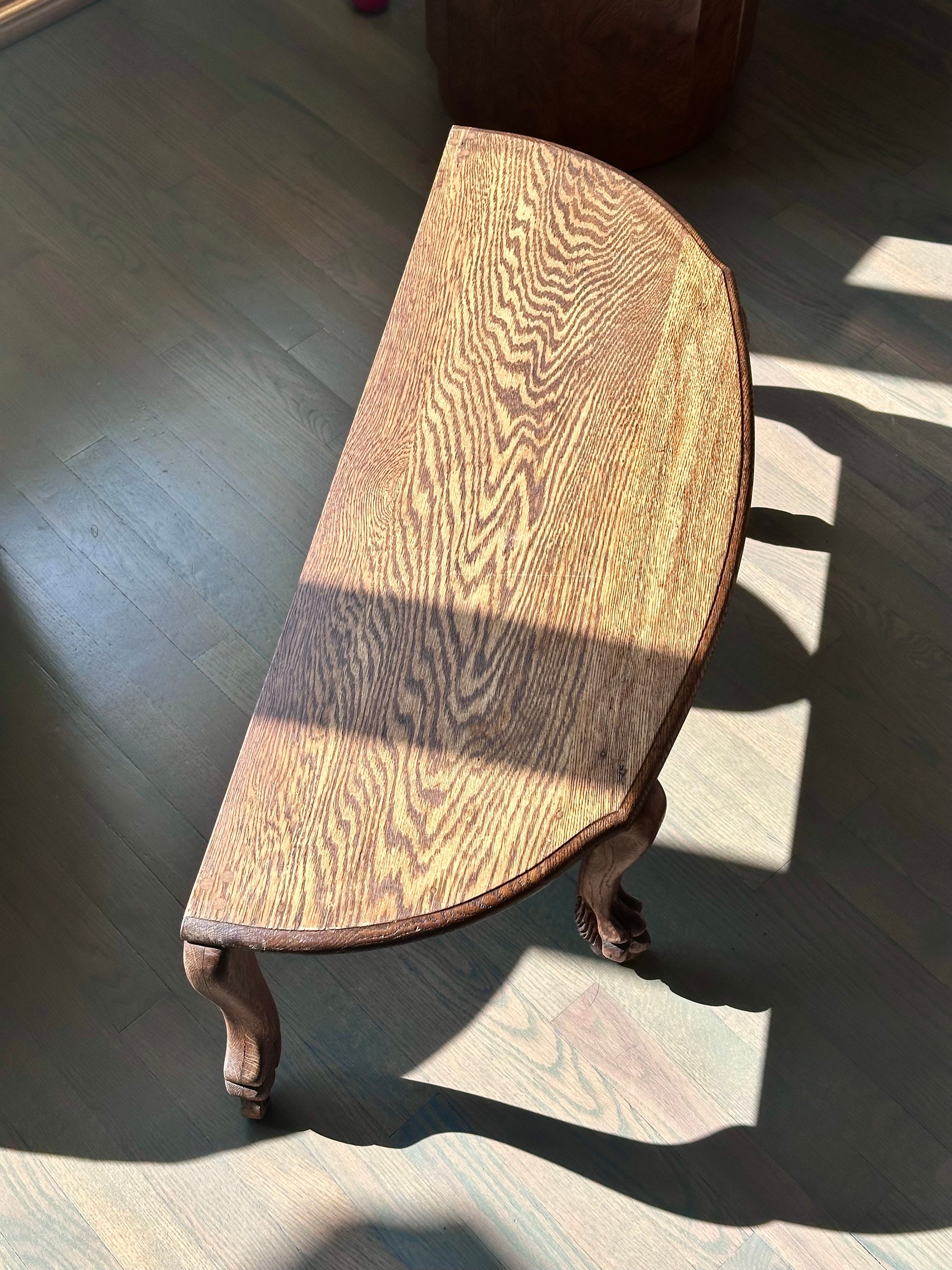 antique tiger oak demilune table on casters – vintage antique home decor from Mid Hudson Vintage