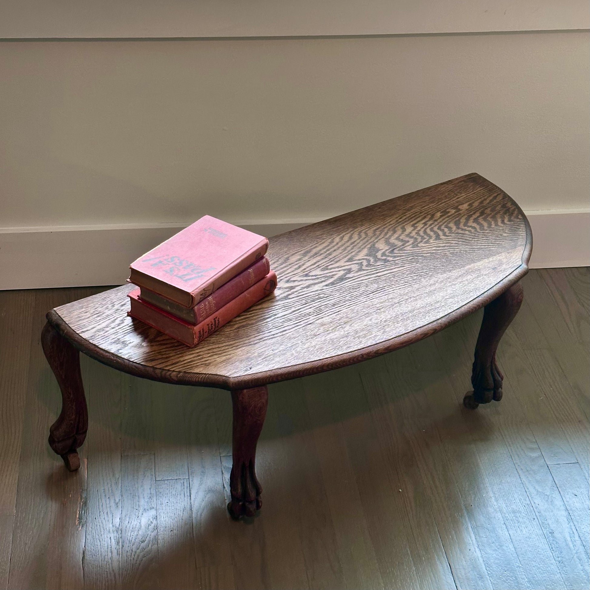antique tiger oak demilune table on casters – vintage antique home decor from Mid Hudson Vintage