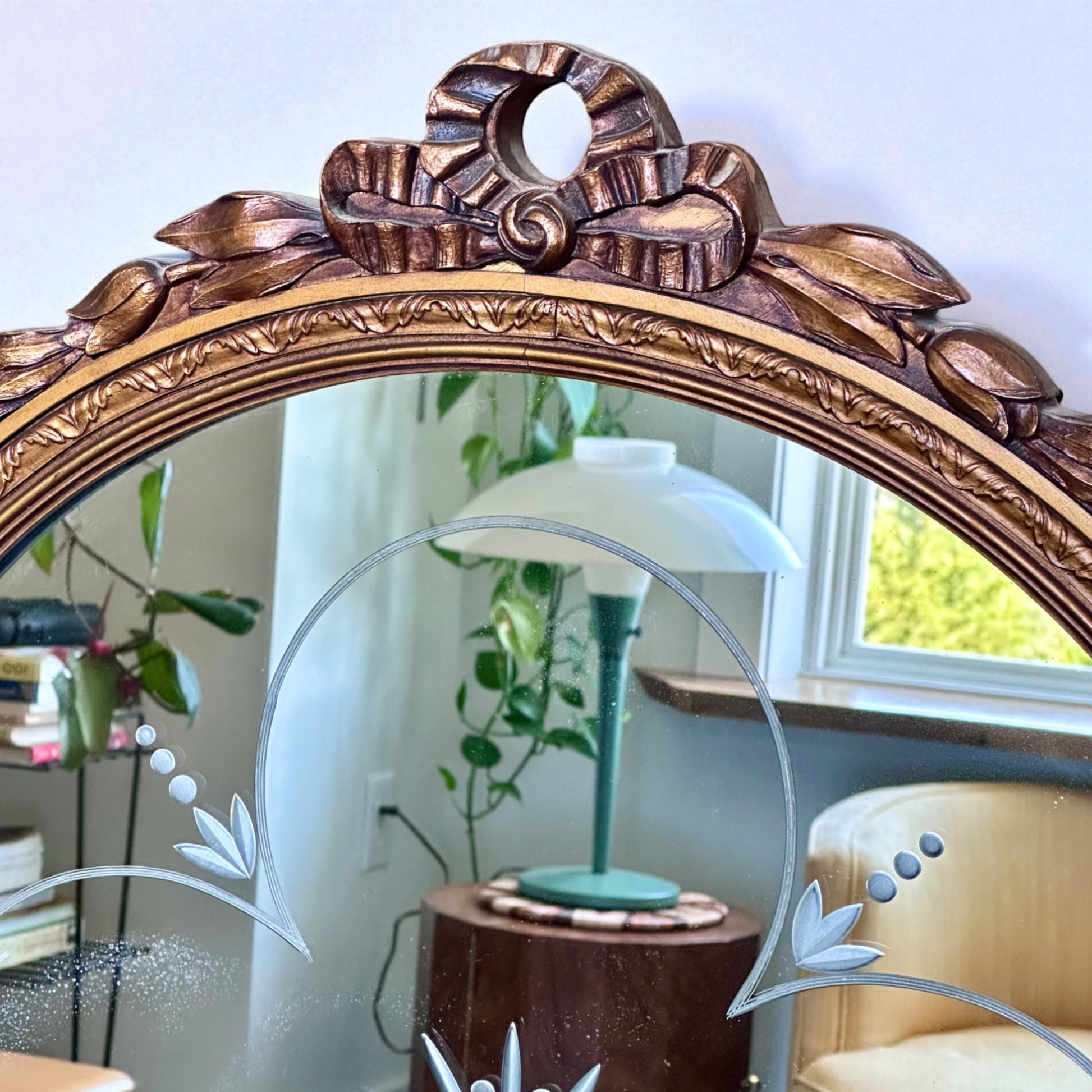antique etched glass mirror with ornate frame – vintage antique home decor from Mid Hudson Vintage