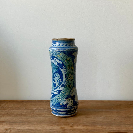 Antique Blue & White Hand Painted Ceramic Vase, Italian Majolica Style, Decorative Pottery Vessel
