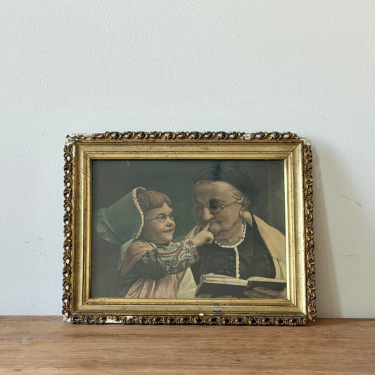 Antique Framed Victorian Chromolithograph Print of Grandmother and Child | Ornate Gilt Gesso Frame