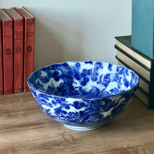 Antique Japanese Blue & White Porcelain Bowl, Meiji Style with Scalloped Rim