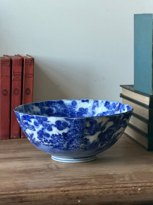 Antique Japanese Blue & White Porcelain Bowl, Meiji Style with Scalloped Rim