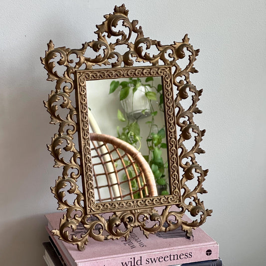 Vintage Ornate Cast Iron Tabletop or Wall Mirror – Rococco Revival Style