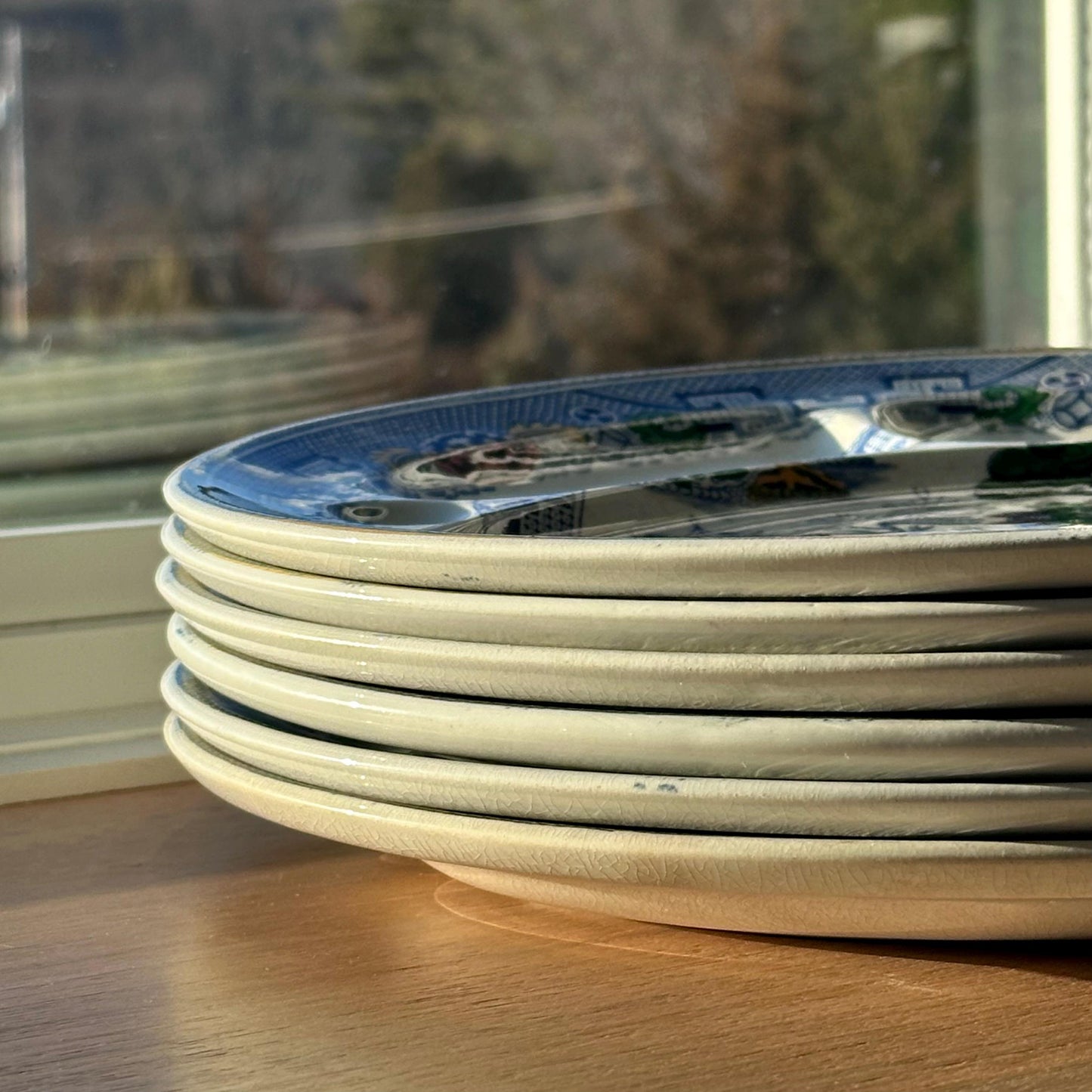 Set of 6 Antique Booths "Davenport Willow" Divided Grill Plates - English Blue Willow China | Hand-Painted with Gold Trim
