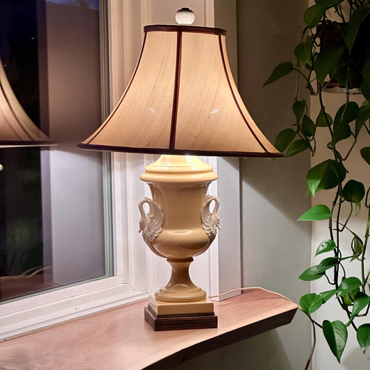 Antique French Porcelain Swan Handle Lamp – Pale Yellow Urn Table Lamp with Shade & Ornate Brass Base