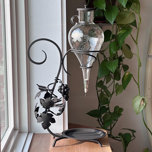 Vintage Wrought Iron Austrian Wine Decanter Set with Etched Glass and Hanging Crystal Glasses | Rustic Wine Dispenser