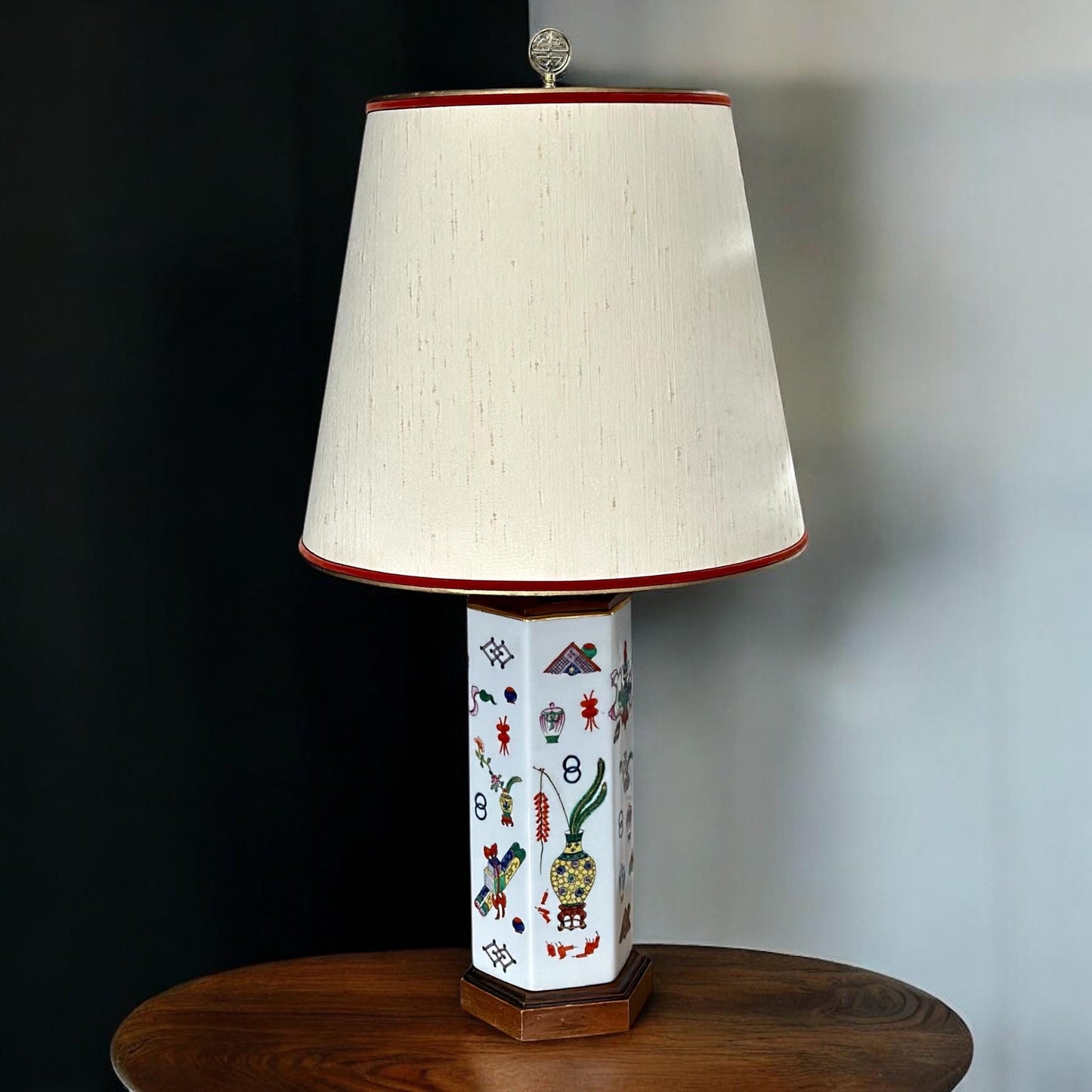 Vintage Chinese Porcelain Hexagonal Lamp with Hand-Painted Famille Rose Motifs and Wood Accents