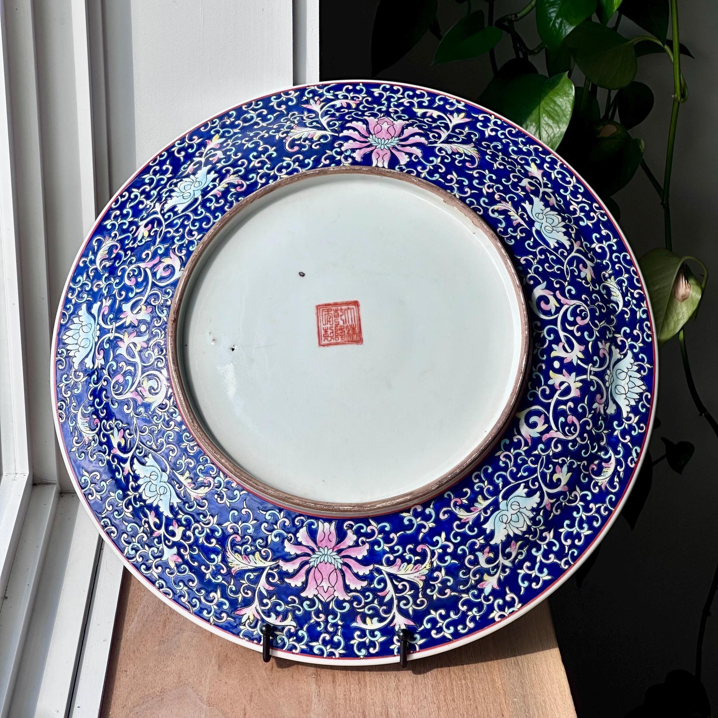 Large Famille Rose-Style Chinese Charger with Floral Lotus Motif