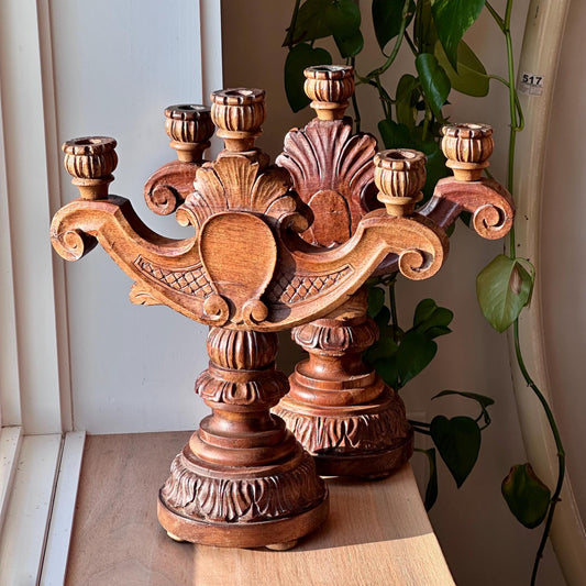 Antique Hand-Carved Wooden Candelabra Candlestick Holders – Ornate Pair with Three-Light Arms