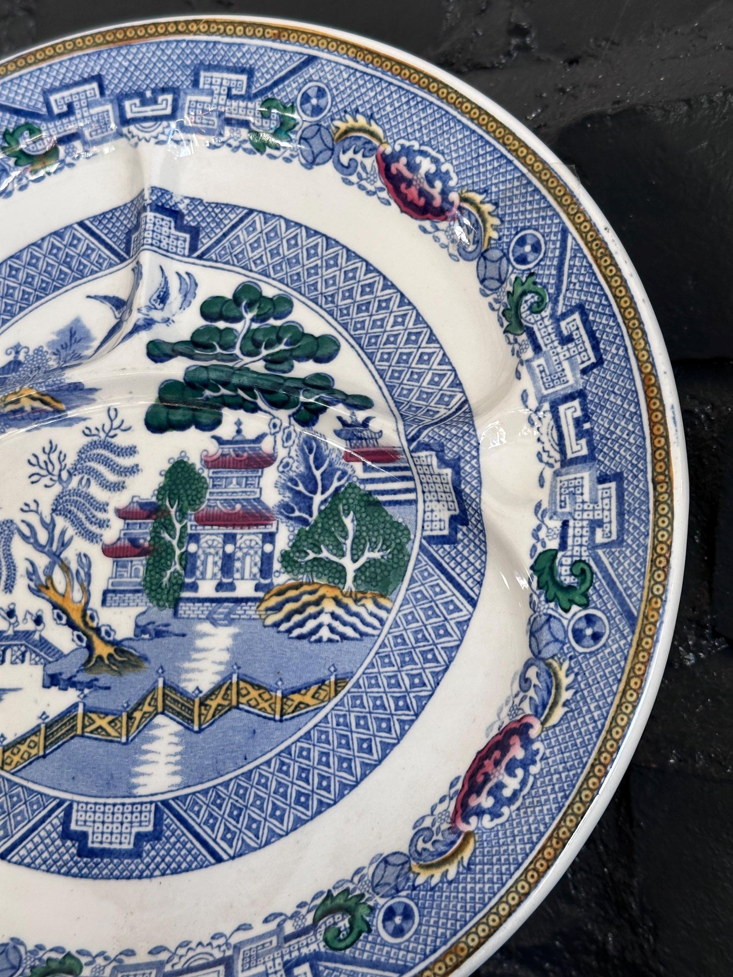 Set of 6 Antique Booths "Davenport Willow" Divided Grill Plates - English Blue Willow China | Hand-Painted with Gold Trim