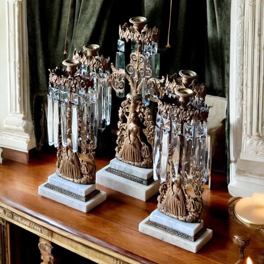 Antique Victorian/French Belle Epoque Three Piece Figural Cast Brass Girandole Candelabra Set w Prisms