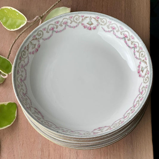 Set of 8 Antique Limoges Soup Bowls – Elite Works by Bawo + Dotter – Hand-Painted Pink Garlands & Gold Scrolls – France, ca. 1900–1914
