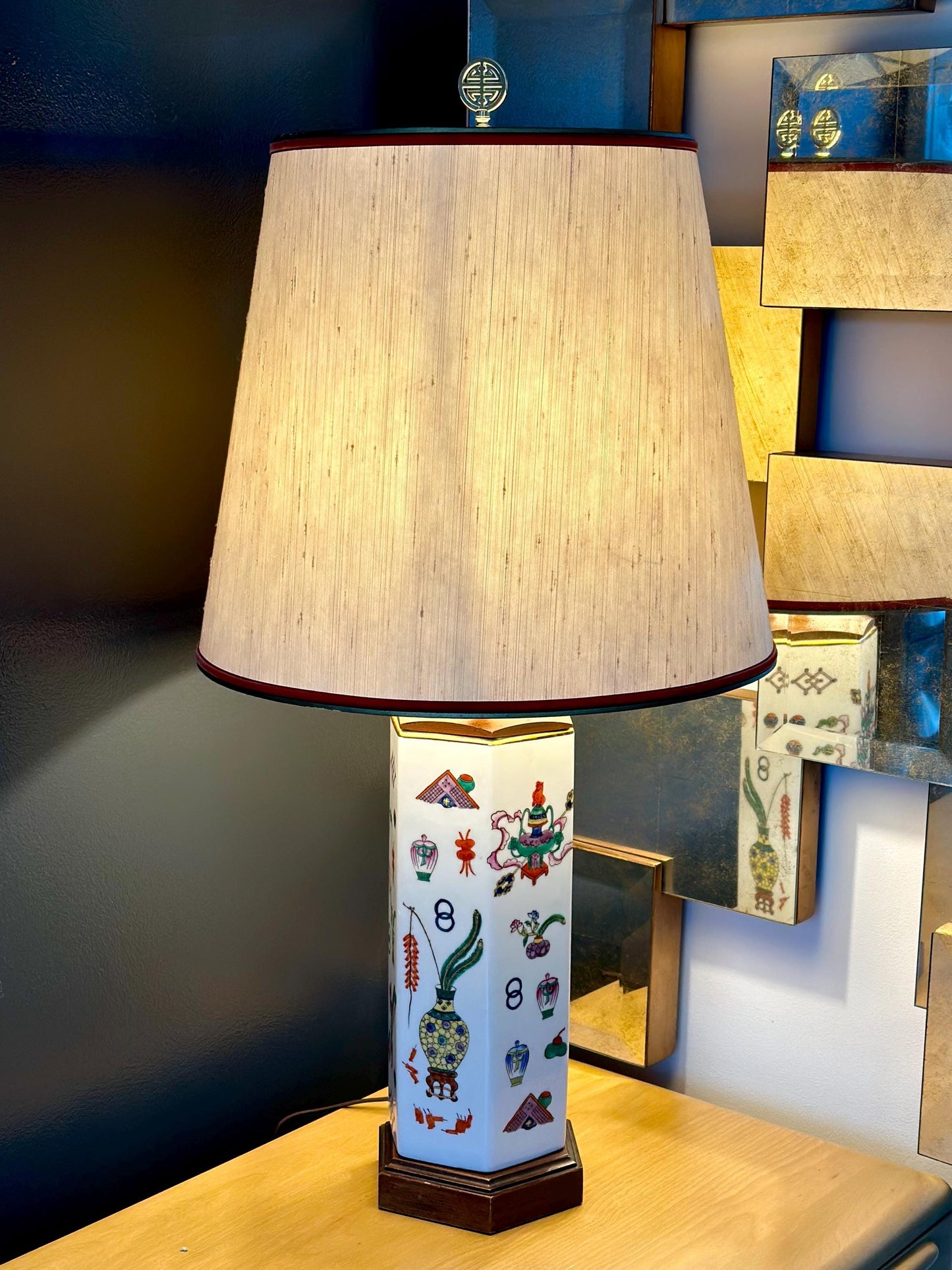 Vintage Chinese Porcelain Hexagonal Lamp with Hand-Painted Famille Rose Motifs and Wood Accents