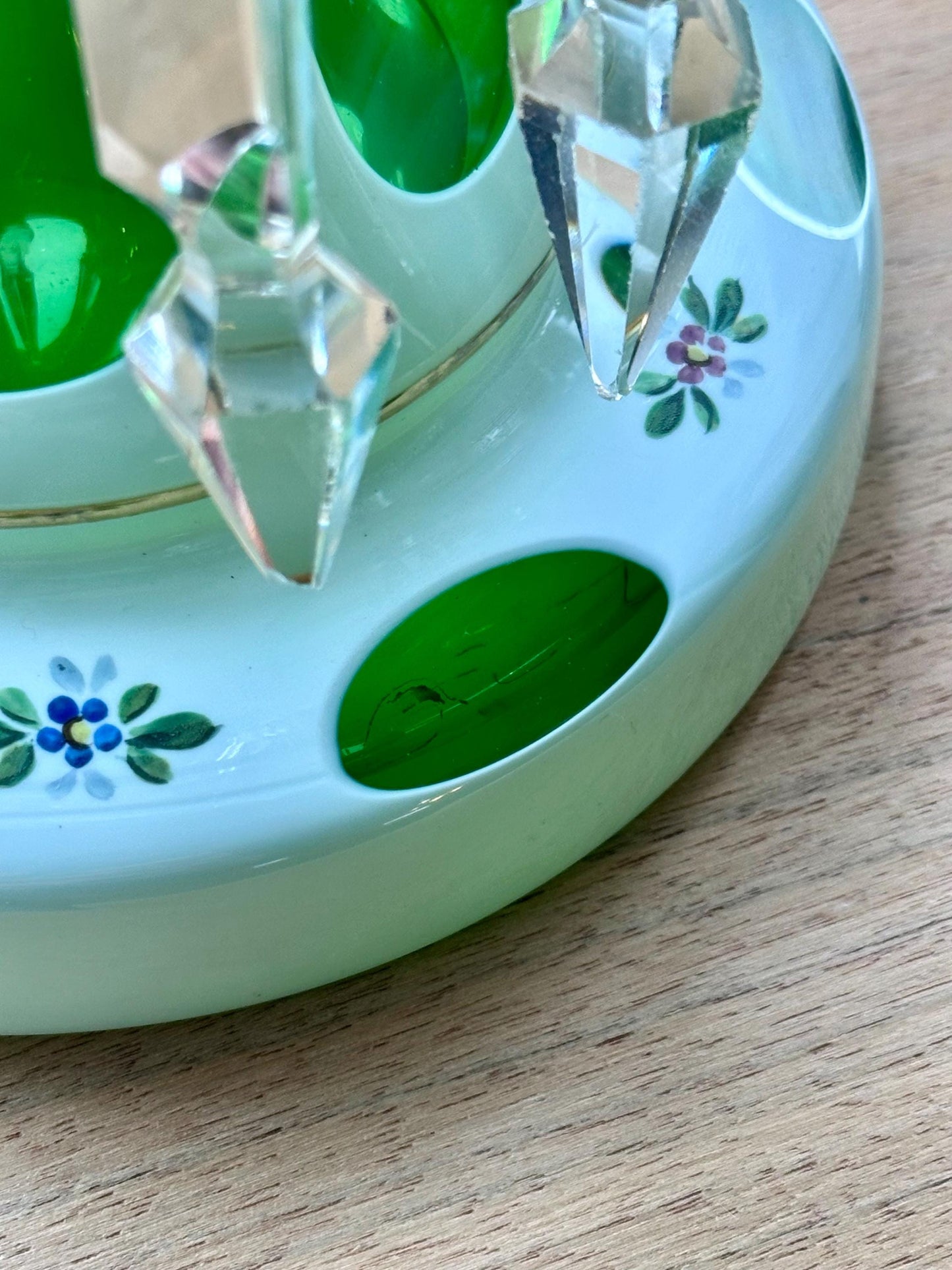 Vintage Czech Bohemian White Cut To Green Glass Mantle Luster with Enameled Flowers and Prisms