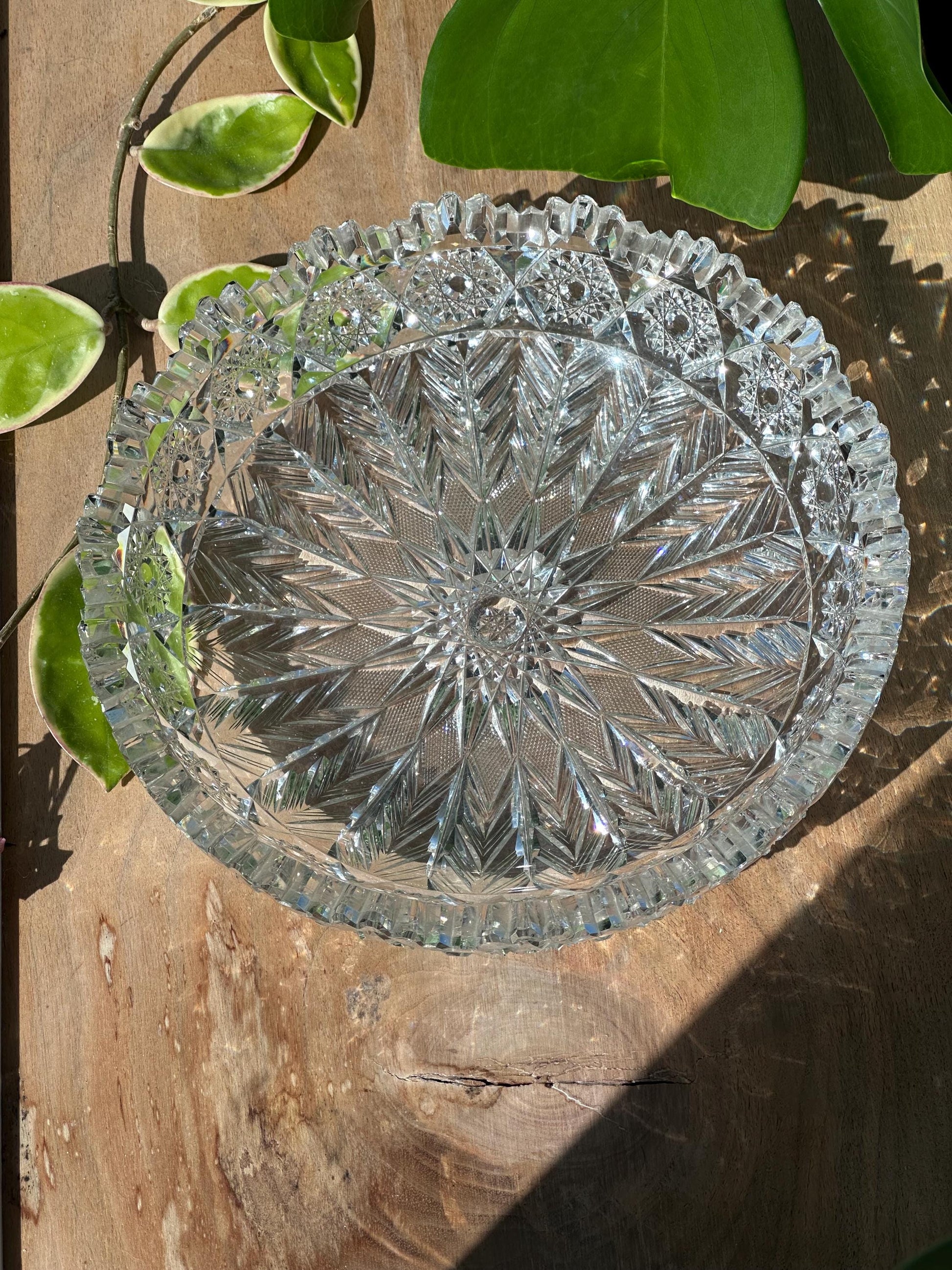 antique american brilliant cut glass bowl sawtooth rim starburst pattern abp crystal – vintage antique home decor from Mid Hudson Vintage