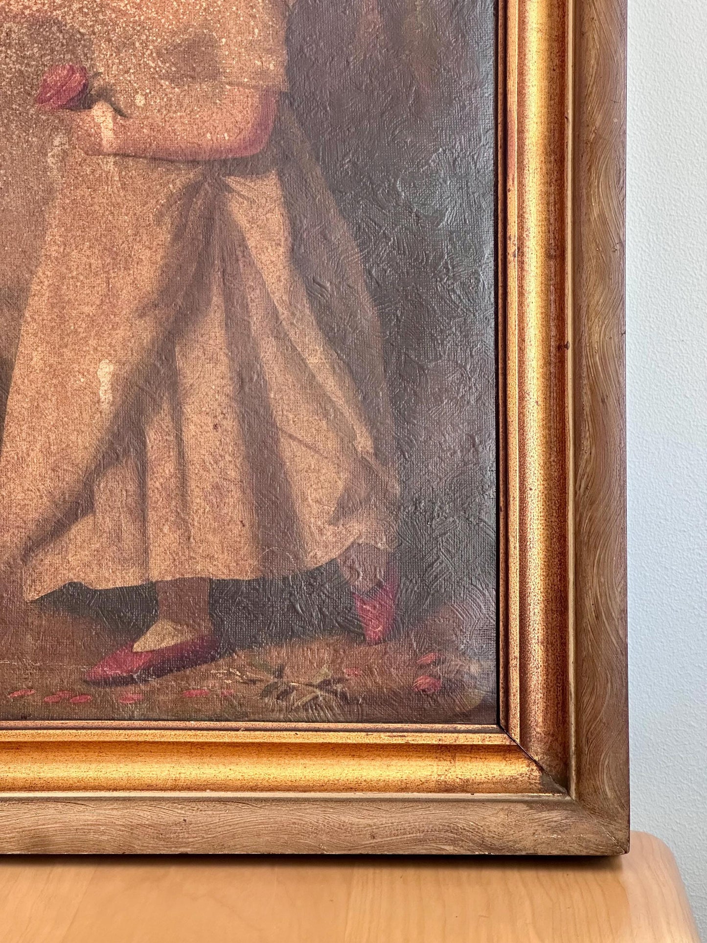 Antique Oil Painting "Child With Rose" – 19th Century Portrait in Gilt Frame – Style of Raeburn