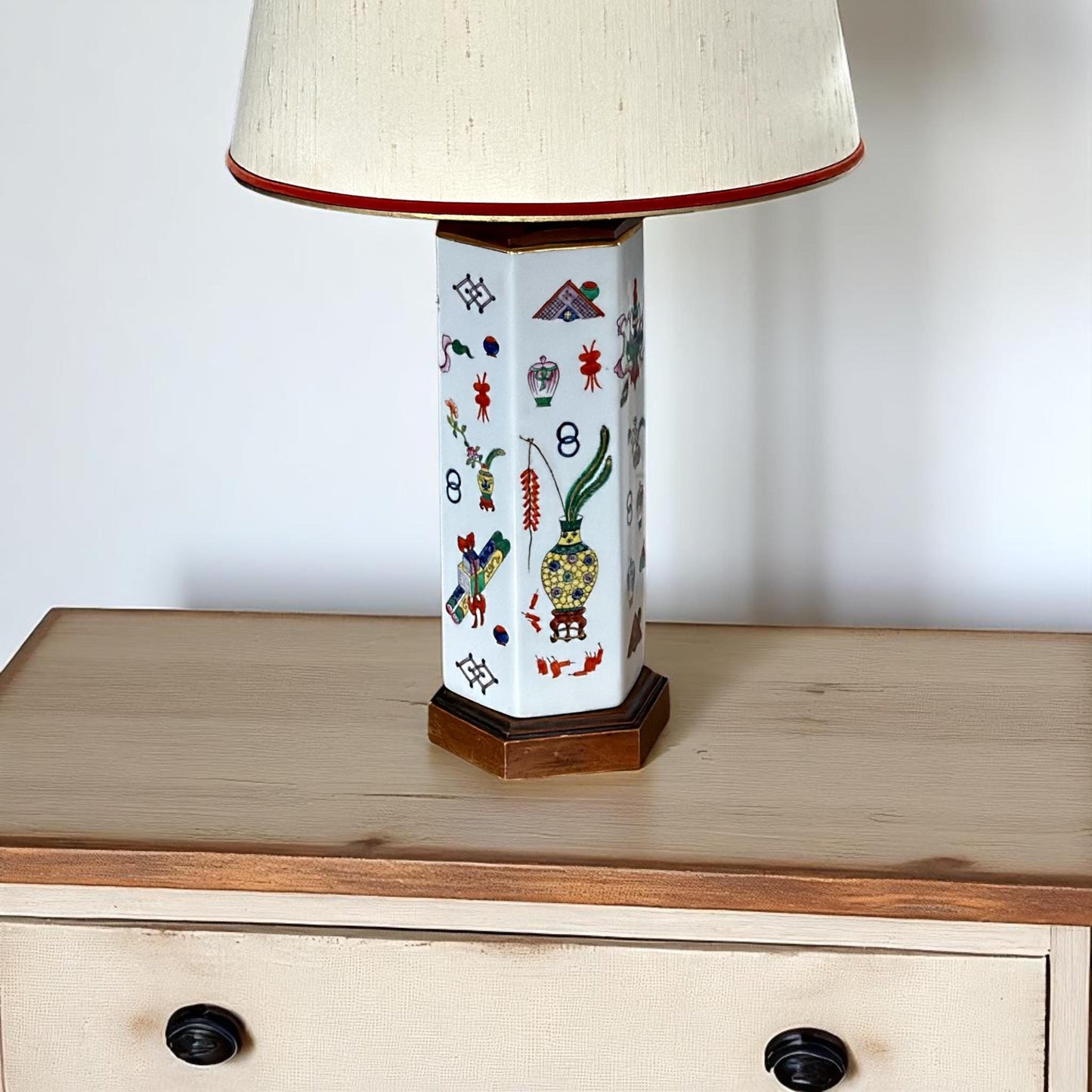 Vintage Chinese Porcelain Hexagonal Lamp with Hand-Painted Famille Rose Motifs and Wood Accents