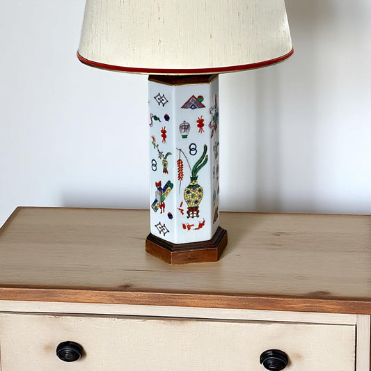 Vintage Chinese Porcelain Hexagonal Lamp with Hand-Painted Famille Rose Motifs and Wood Accents