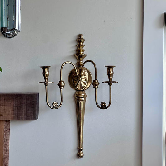 Vintage Brass Wall Sconce Candle Holder | Federal Colonial Style Two-Arm Wall Mount