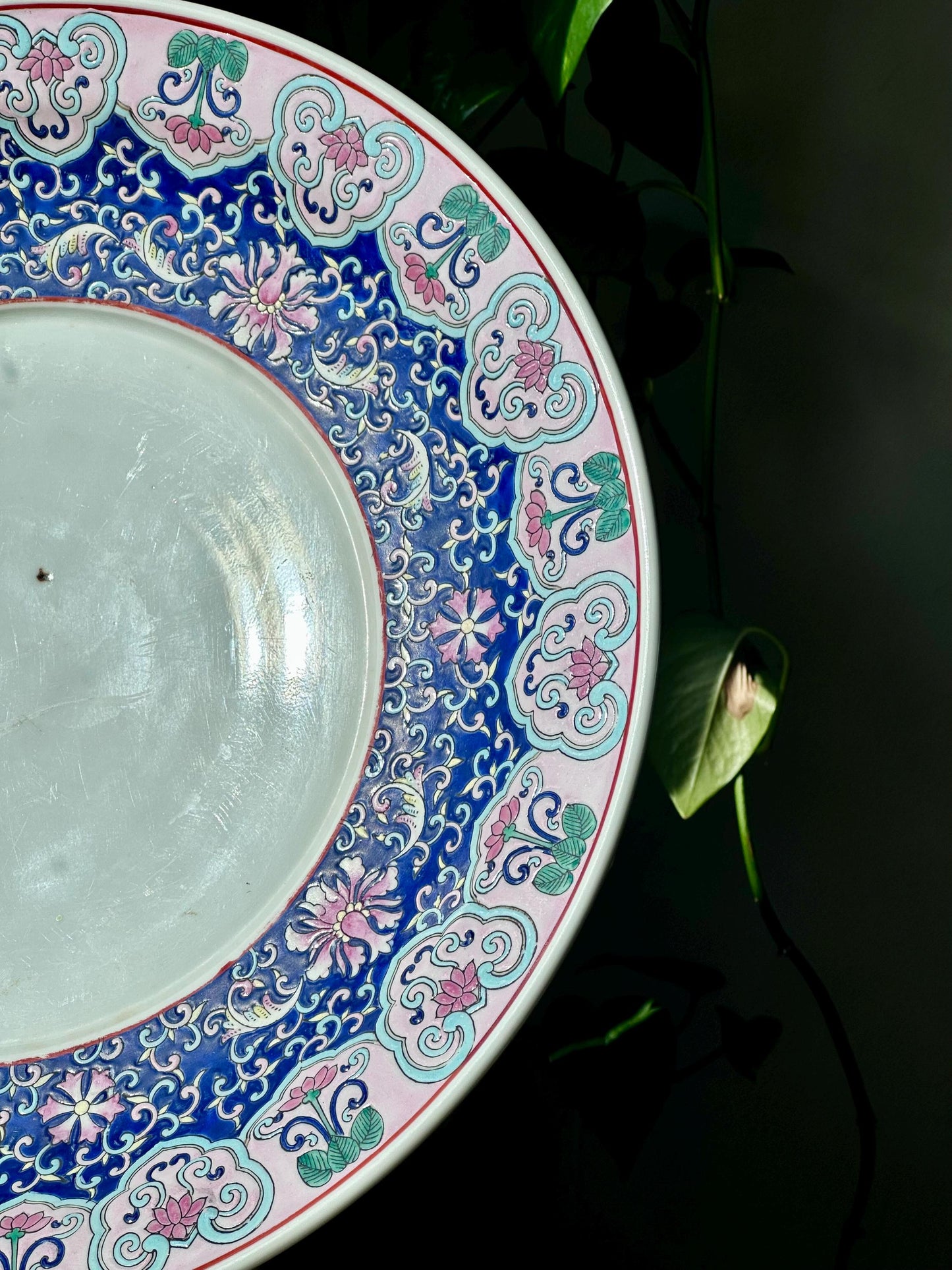 Large Famille Rose-Style Chinese Charger with Floral Lotus Motif