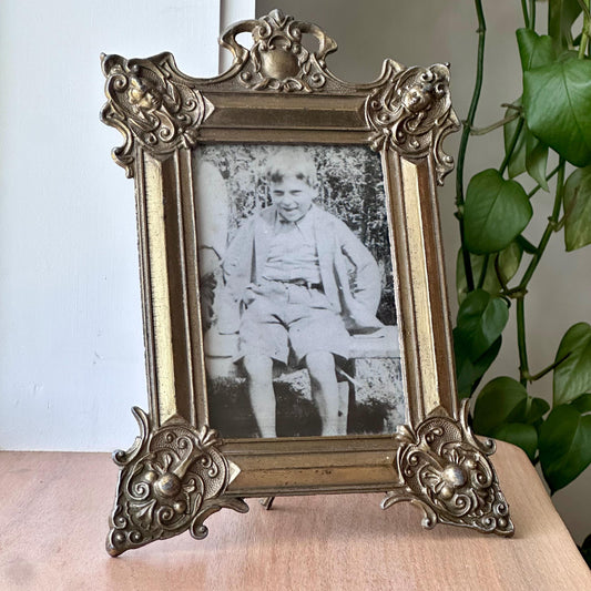 Antique Art Nouveau Brass Tabletop Frame with Vintage Photo of Boy | Ornate Metal Picture Frame with Classical Motifs | Early 1900s Decor
