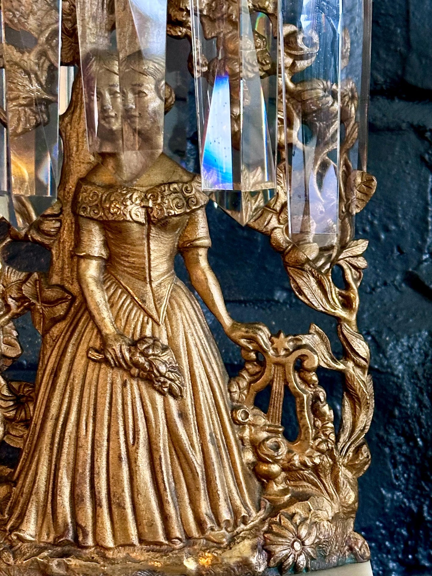 Antique Victorian/French Belle Epoque Three Piece Figural Cast Brass Girandole Candelabra Set w Prisms