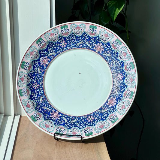 Large Famille Rose-Style Chinese Charger with Floral Lotus Motif