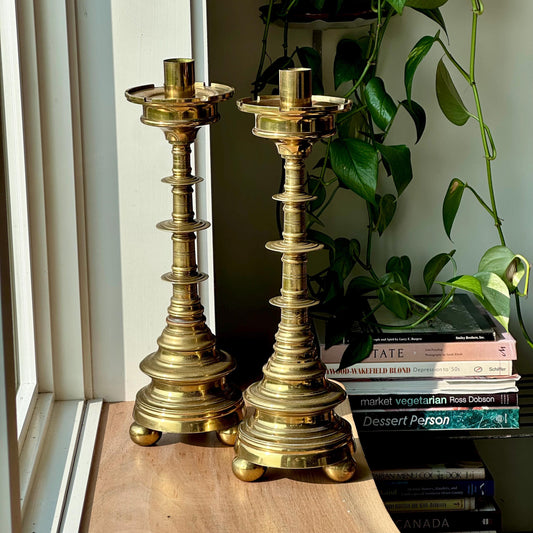 Vintage Brass Candlestick Holders – Tall Pair with Tiered Base | 17” Heavy Solid Brass Candle Stands | Elegant Mantel or Table Decor