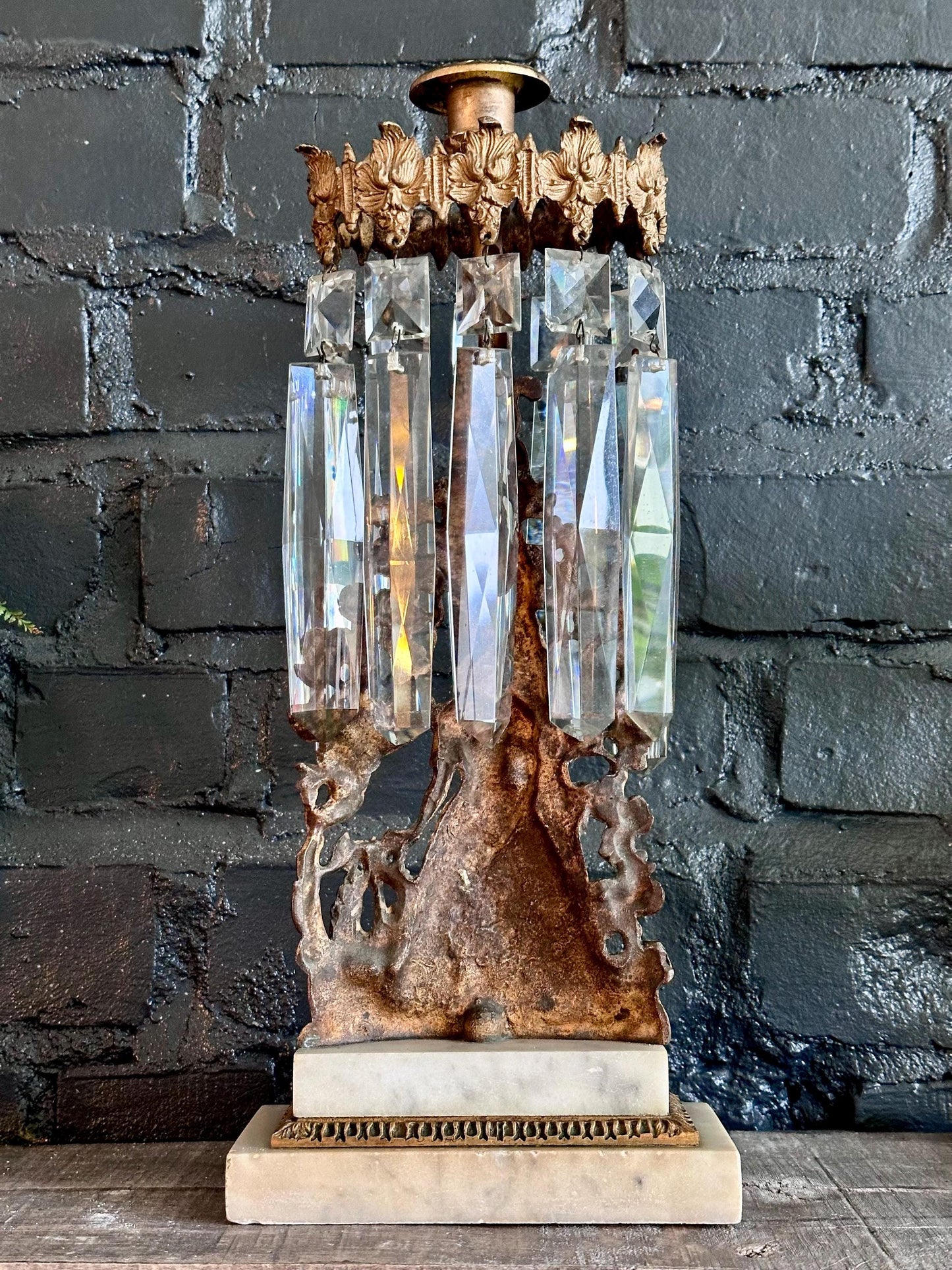 Antique Victorian/French Belle Epoque Three Piece Figural Cast Brass Girandole Candelabra Set w Prisms