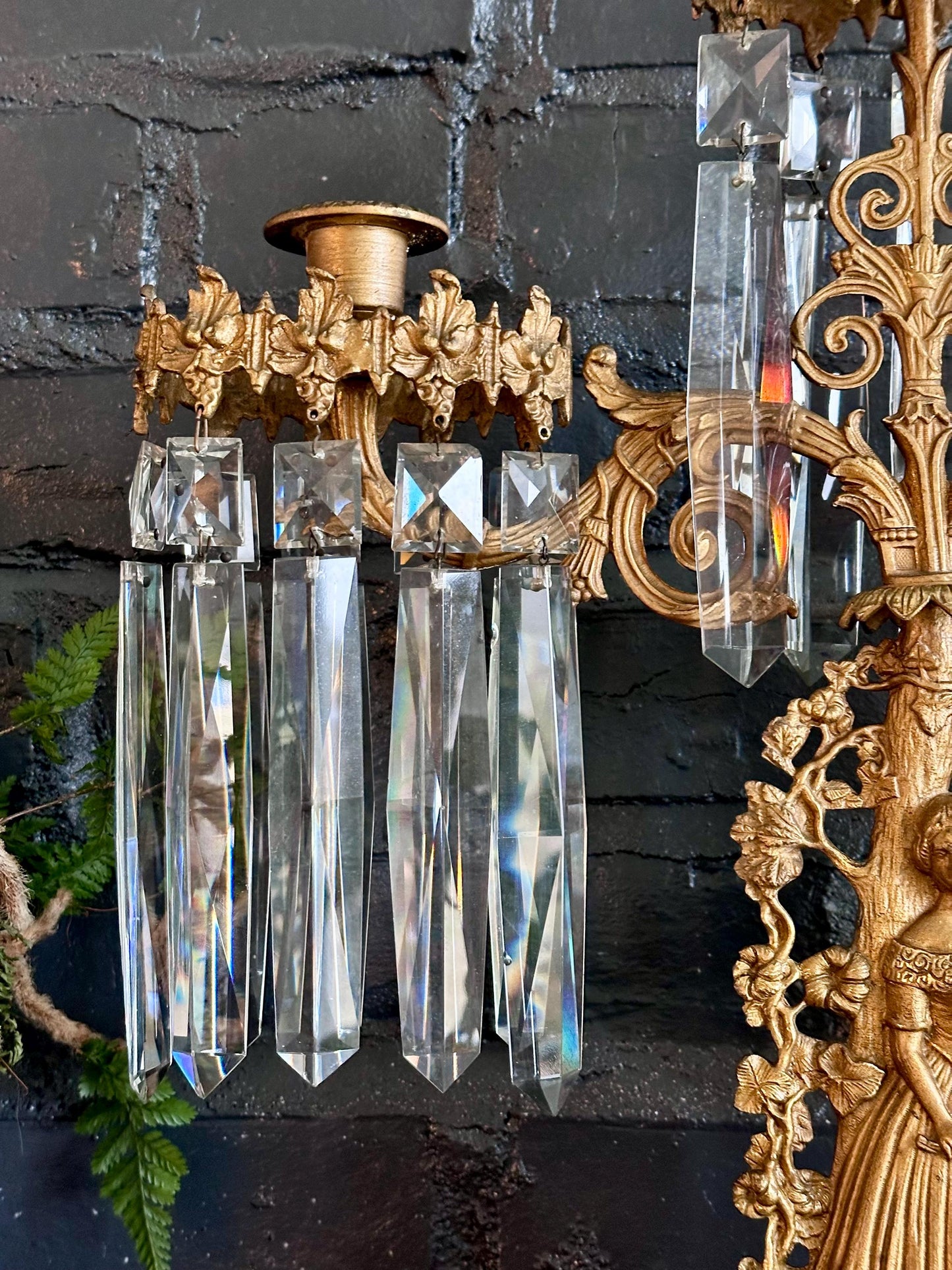 Antique Victorian/French Belle Epoque Three Piece Figural Cast Brass Girandole Candelabra Set w Prisms