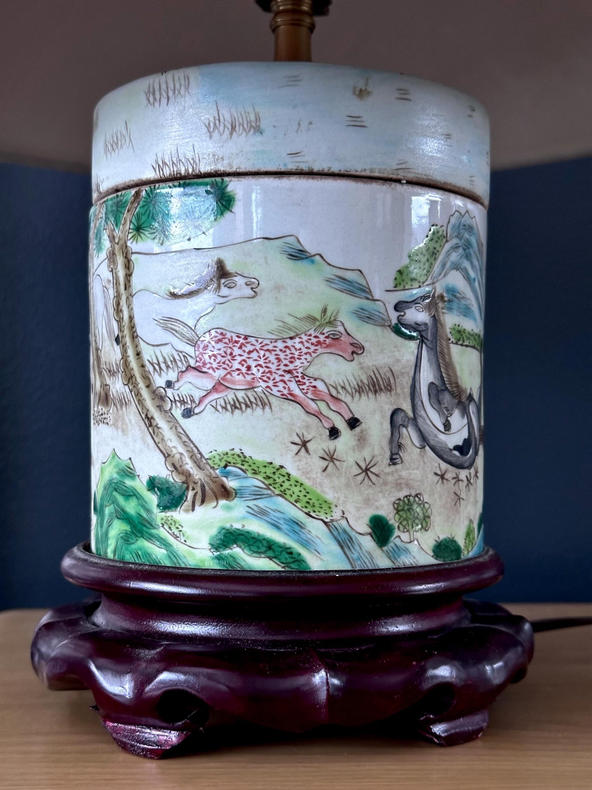 Hand-Painted Mid-Century Chinoiserie Lamp with Horse Motif
