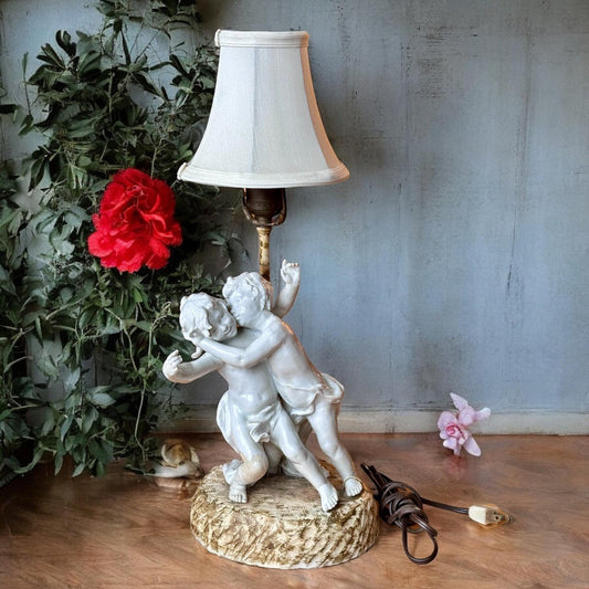Vintage Porcelain Cherub Table Lamp with Fabric Shade | Romantic European Style