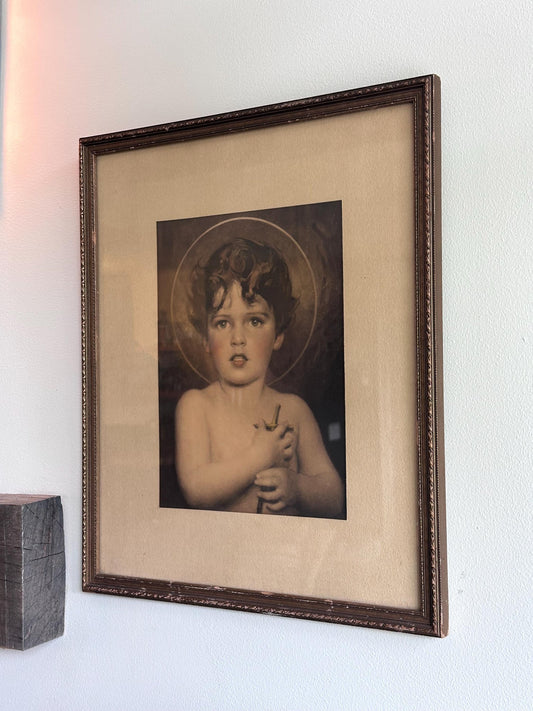 Antique Framed Lithograph of Young St. John the Baptist – Religious Wall Art with Original Frame