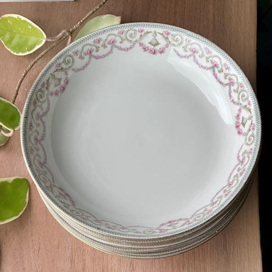 Antique Limoges Soup Bowls (Set of 7) – Hand-Painted Pink Roses, Gold Scrolls | Bawo & Dotter