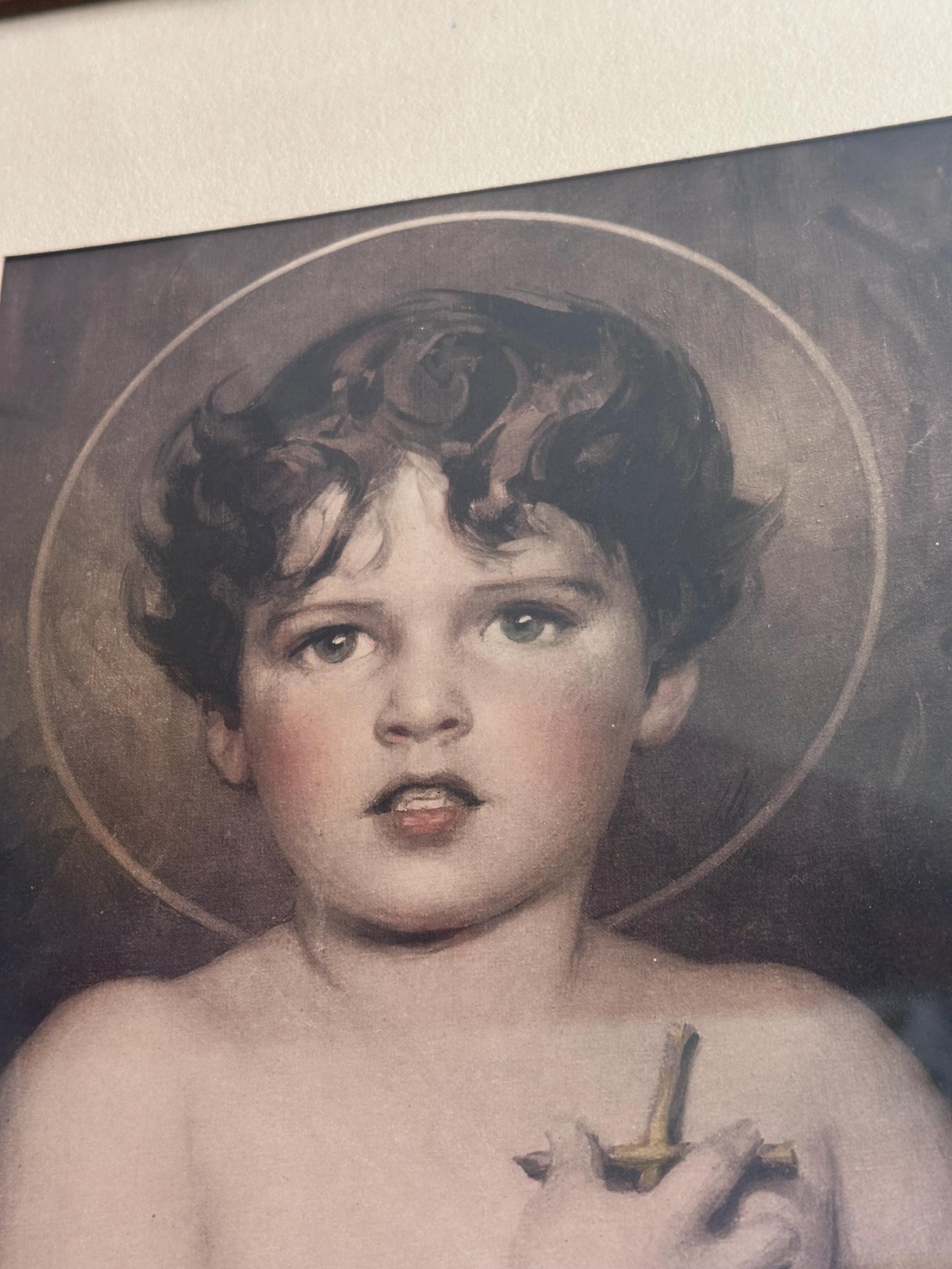 Antique Framed Lithograph of Young St. John the Baptist – Religious Wall Art with Original Frame