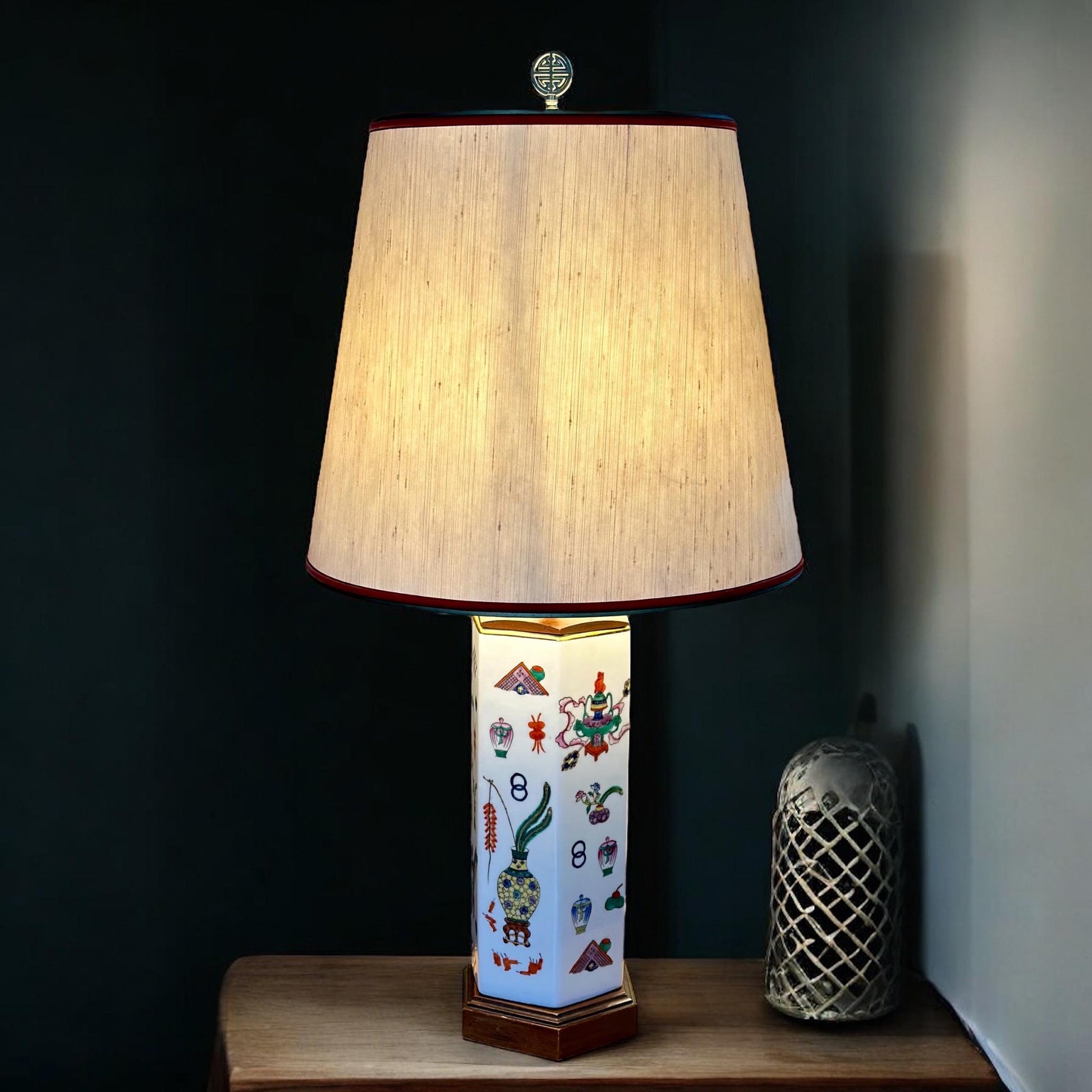 Vintage Chinese Porcelain Hexagonal Lamp with Hand-Painted Famille Rose Motifs and Wood Accents